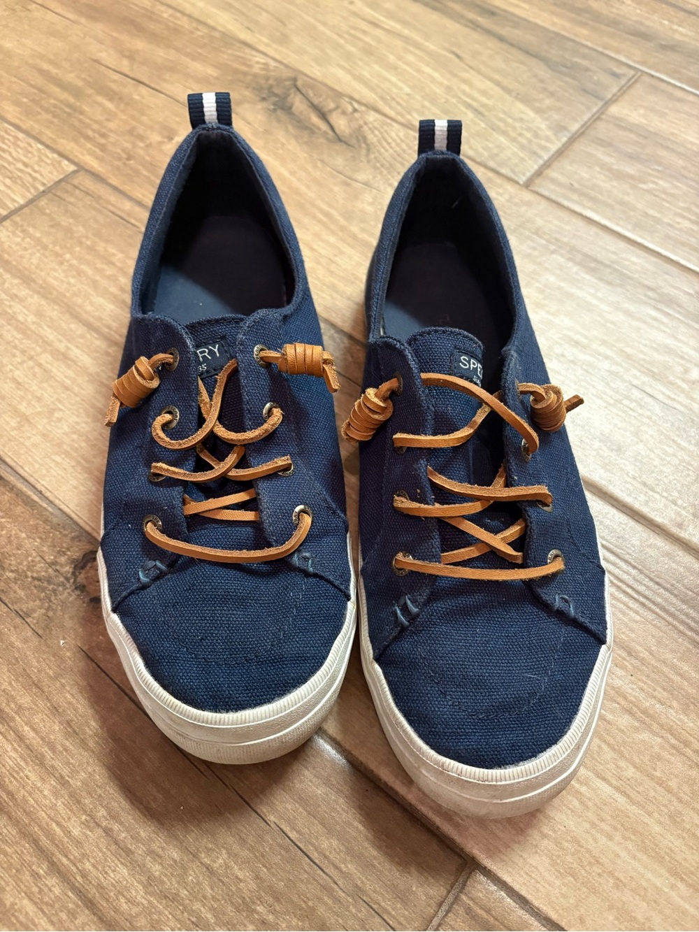 Sperry Navy Canvas Slip-On Sneakers with Brown Laces